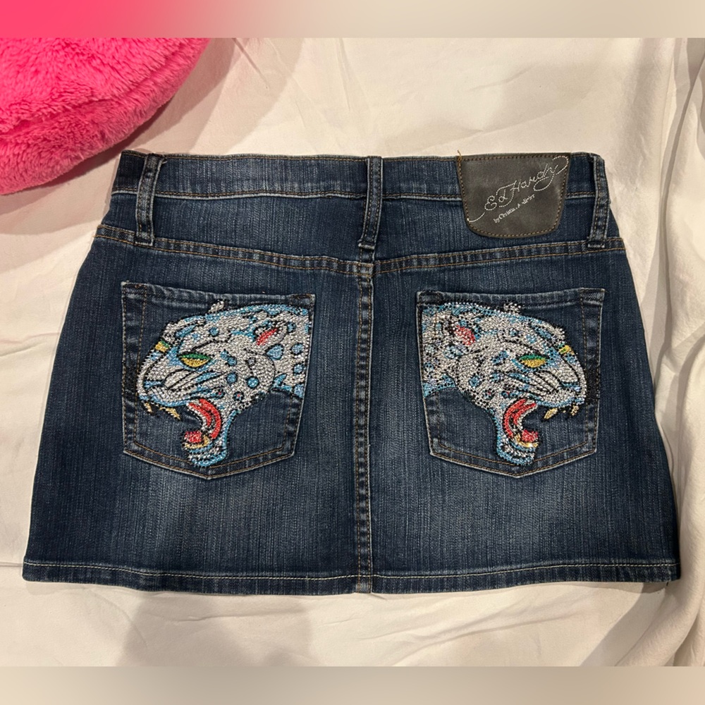 Ed Hardy Dark Blue Mini Skirt with Embroidered blinged out Leopards